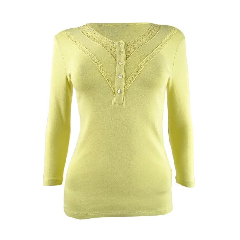 Lauren Ralph Lauren Women's Lace-Trim Henley Top (XS, Yellow Bloom) Artistic Women's Avant - 