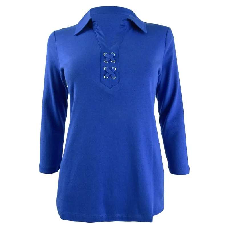 Karen Scott Women's Cotton Lace-Up Shirt (XS, Ultra Blue) Streetwear Style for 