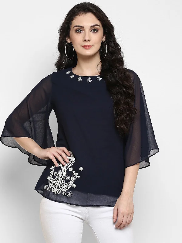 Navy Blue Embroidered Sheer Top Refined Women's Velvet