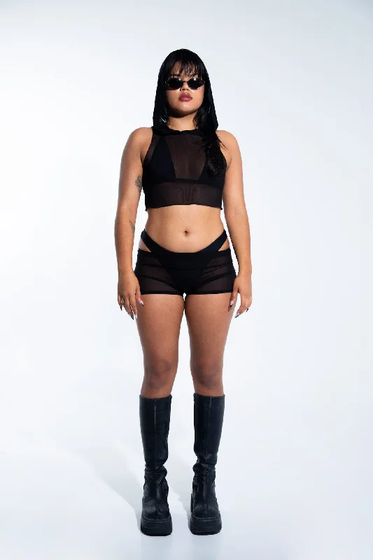 Hooded Crop Tank Top - Black Mesh garde