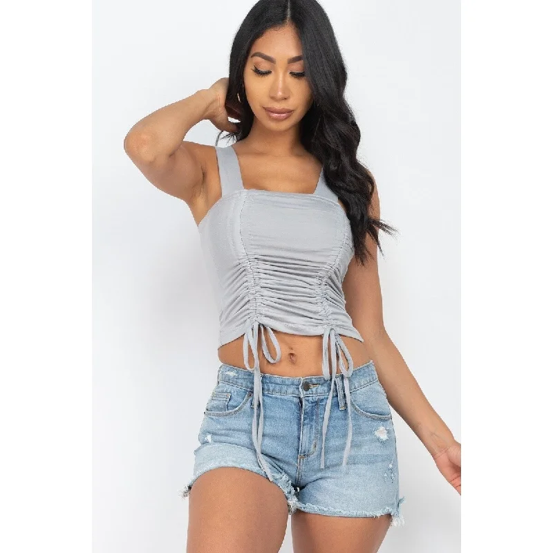 Adjustable Front Ruched With String Square Neck Crop Tops Artistic Women's Hand - painted
